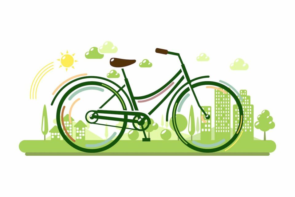 Bicycle with green eco city. Ecology concept vector illustration
